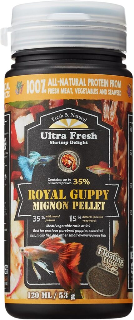 Ultra Fresh Royal Guppy Mignon Pellet, All Natural Guppy Food, Sword Prawns, Spirulina, Highly Nutritious, for Cleaner Water and More Vibrant Color 1.87 oz
