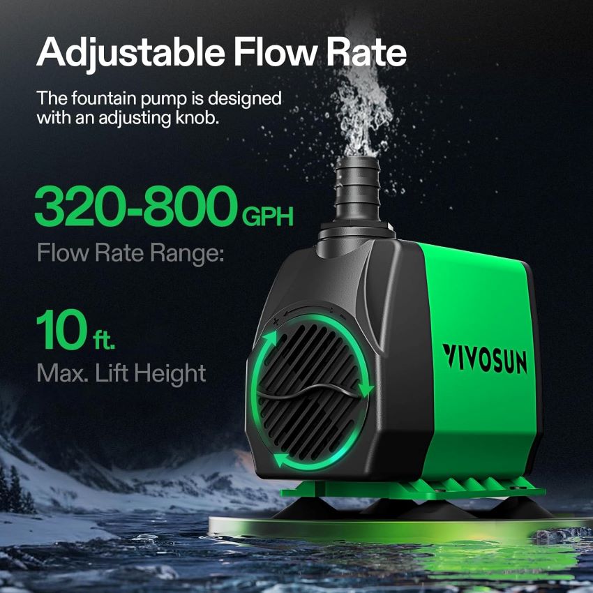 VIVOSUN 800GPH ultra quiet submersible pump with 10ft lift and nozzles