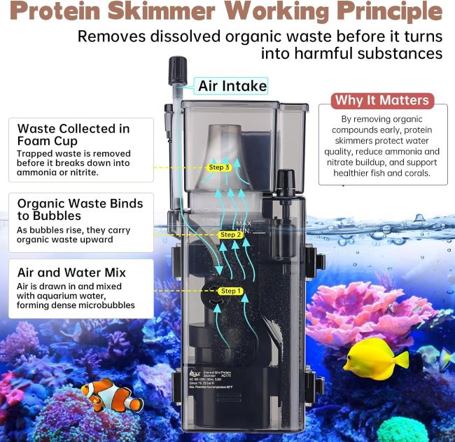 Close-up of AQQA nano aquarium skimmer surface pump for saltwater tanks