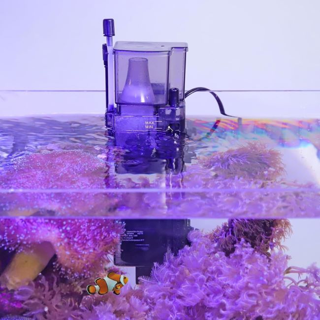 AQQA aquarium skimmer nano surface pump installed in a saltwater fish tank