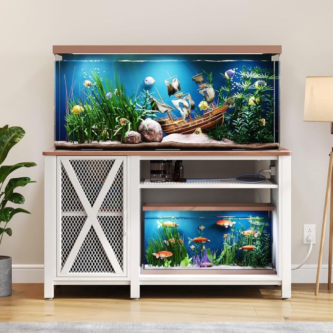 DWVO 55-75 Gallon Stand – Heavy-duty metal fish tank stand with cabinet and power outlets, suitable for 55-75 gallon tanks, white and walnut.
