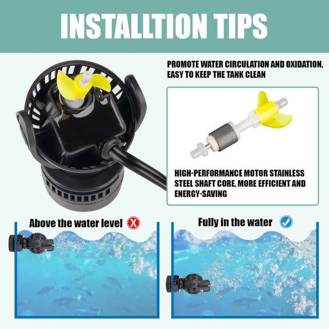 FREESEA 1050 GPH aquarium powerhead showing strong water flow inside tank