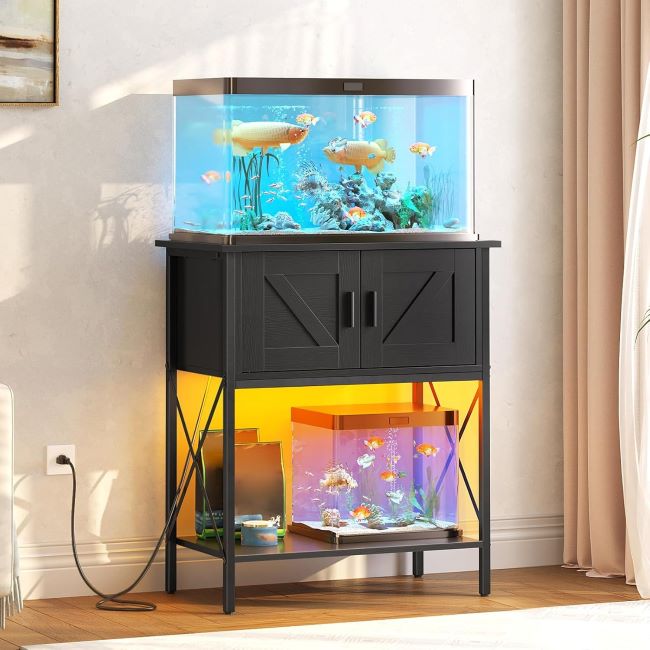 HOOBRO 20 Gallon Stand with LED – 20-gallon metal fish tank stand with cabinet, LED light, and power outlets, black.