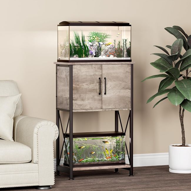 Herture 5-10 Gallon Stand – 5-10 gallon metal aquarium stand with cabinet for accessories, heavy-duty grey tabletop.