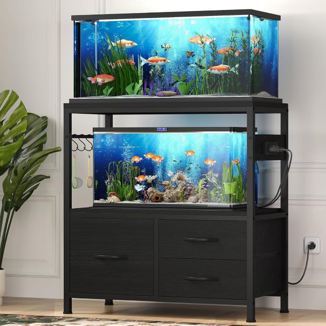Heybly 20-29 Gallon Stand – 20-29 gallon aquarium stand with drawer and power outlet, heavy-duty metal frame, black.
