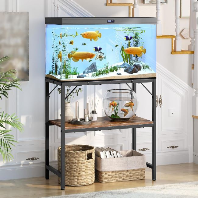 MAHANCRIS 20 Gallon Rustic Brown Stand – 20-gallon fish tank stand with 2-tier storage shelves, heavy-duty terrarium rack, rustic brown.