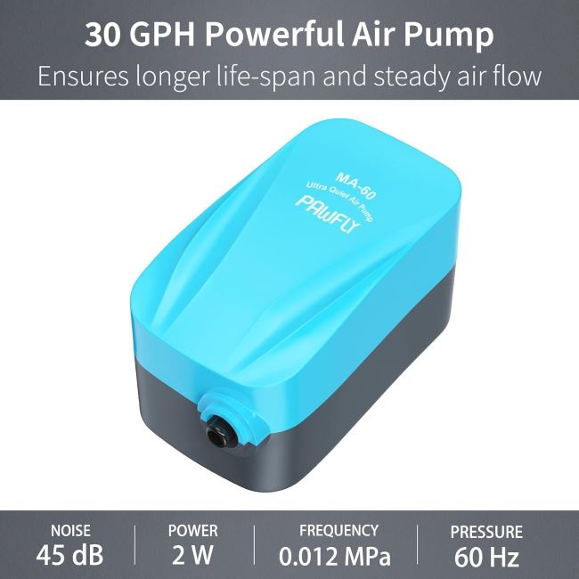 Pawfly compact quiet aquarium air pump 15 to 40 GPH for small fish tanks and buckets