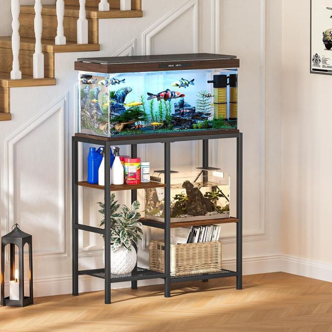 Snughome 30 Gallon Stand – 30-gallon fish tank stand with 3-tier metal frame shelves for storage, rustic brown.