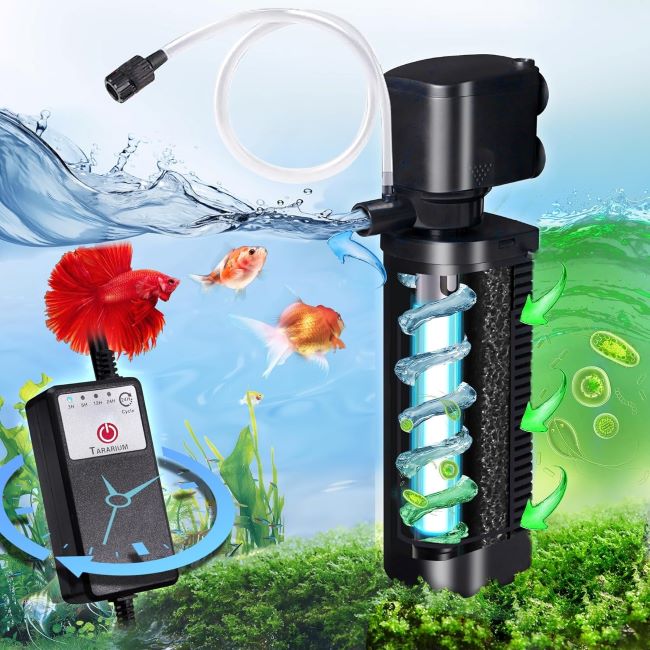 TARARIUM UV aquarium filter with timer 200GPH internal bio sponge filter for 20-75 gallon tanks