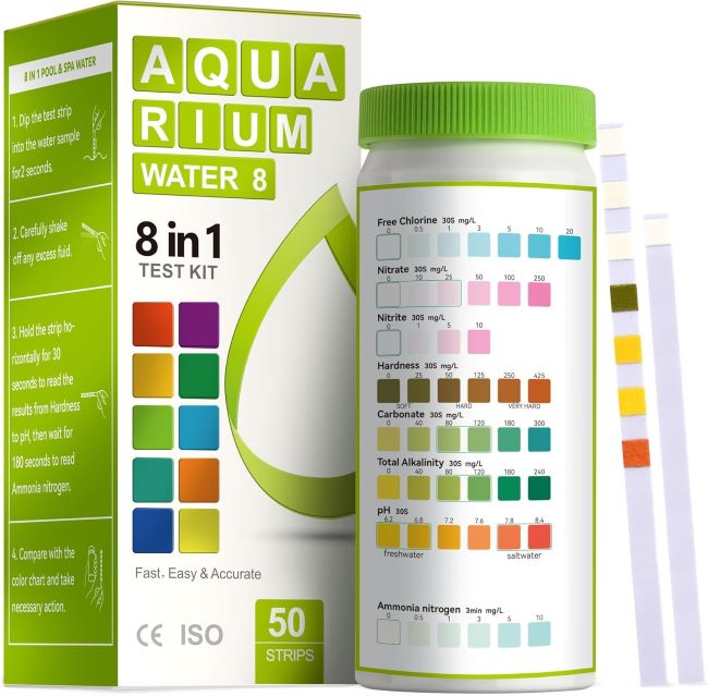 AAwipes 8-in-1 aquarium water test strips kit measuring pH, ammonia, hardness, and chlorine
