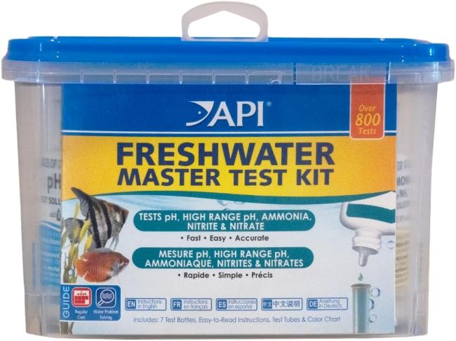 API Freshwater Master Test Kit with liquid tests for pH, ammonia, nitrite, and nitrate