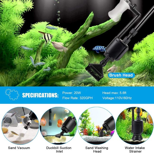 AQQA 6-in-1 Electric Aquarium Gravel Cleaner – multifunction fish tank vacuum for dirt removal, sand washing, water circulation, and tank cleaning.