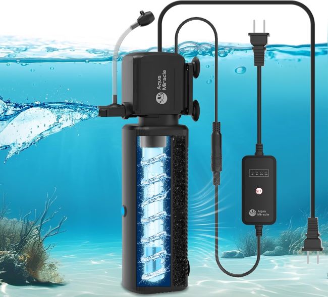 AquaMiracle aquarium UV filter with timer, aeration, and rainfall mode for clear and healthy fish tanks