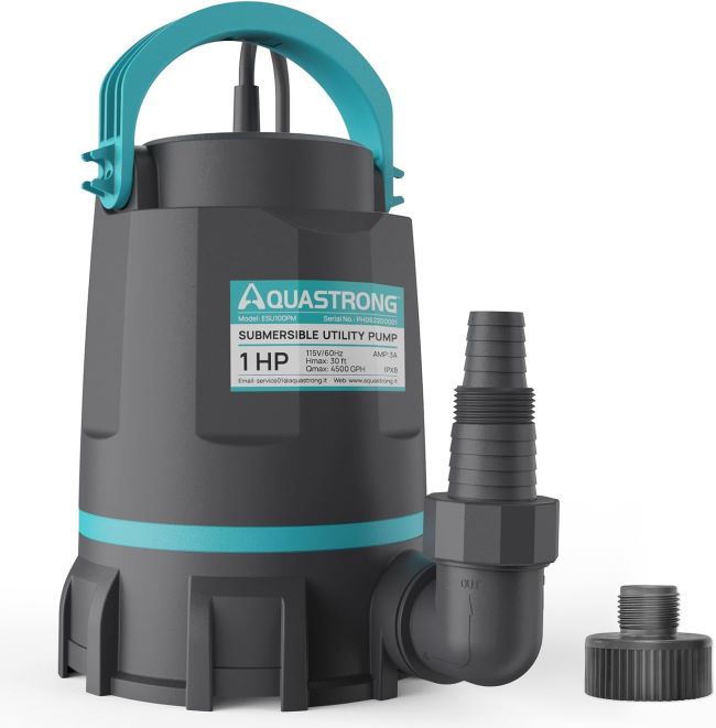 Aquastrong 1 HP 4500 GPH Submersible Sump Pump – high-flow utility water pump for basement flooding, swimming pools, ponds, and garden drainage.