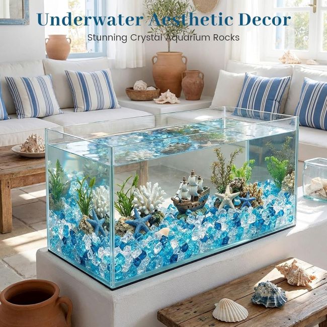 DomeStar 150pcs Blue Fake Ice Rocks – small decorative aquarium stones and vase fillers for fish tanks, tables, and home décor.
