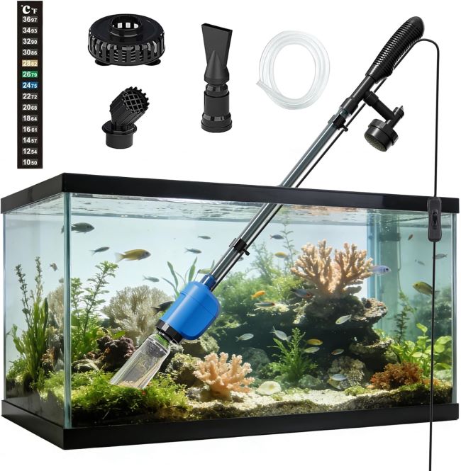 FOUSIUTIM 6-in-1 Electric Aquarium Gravel Cleaner – powerful 530GPH fish tank vacuum with water changer and sand washer for freshwater and saltwater tanks.