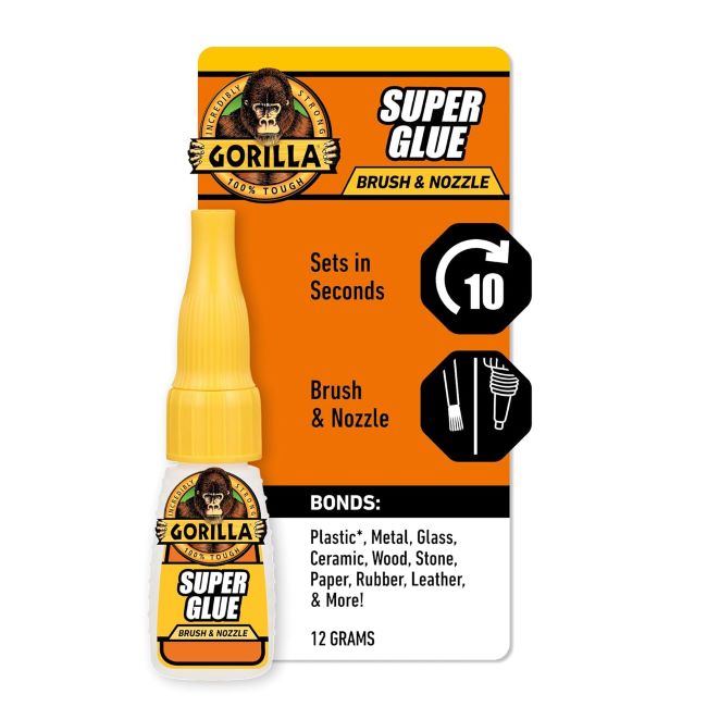 Gorilla super glue with brush and nozzle applicator for precise fast-setting repairs and DIY projects