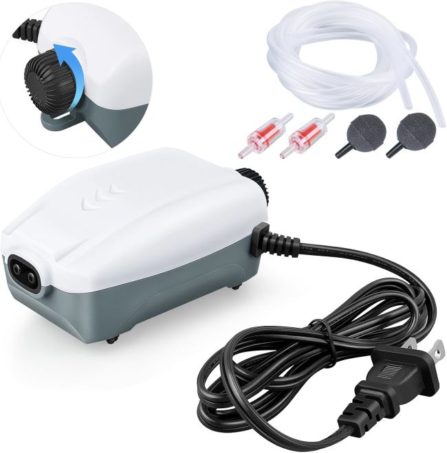 HITOP Dual Outlet Aquarium Air Pump – adjustable whisper-quiet fish tank aerator with accessories for 20–100 gallon aquariums.