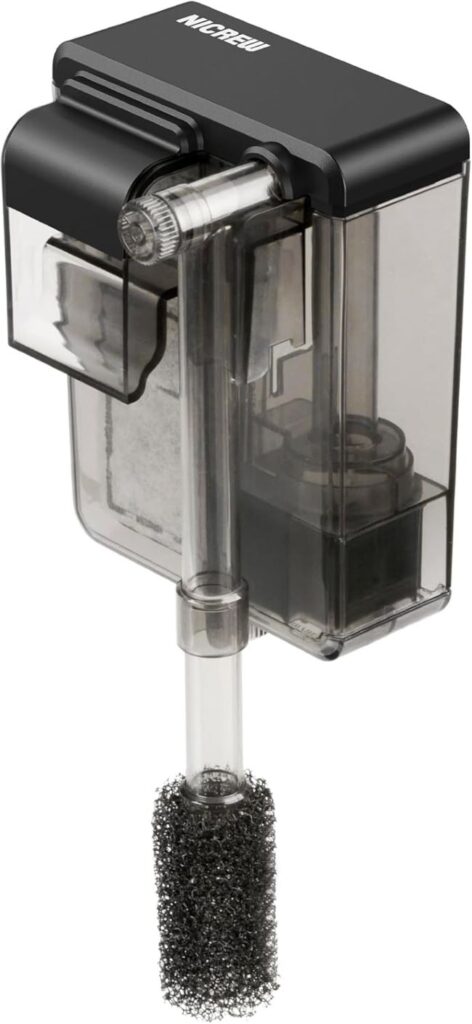 NICREW Slim Aquarium HOB Filter – quiet hang-on-back filter with adjustable flow for small aquariums up to 5 gallons.