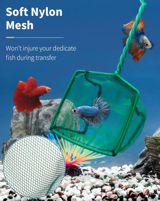 Pawfly square aquarium fish net with soft fine mesh and metal handle for tank cleaning and debris removal