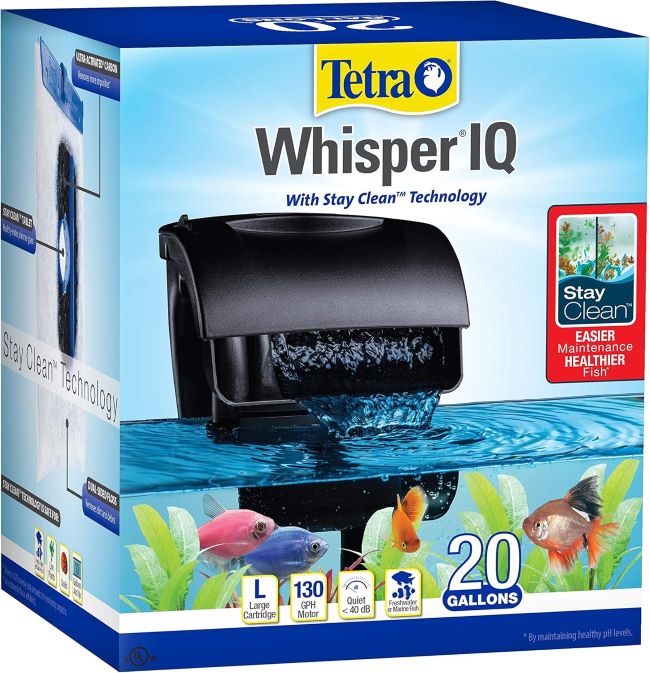 Tetra Whisper IQ Power Filter 20 Gallons – quiet aquarium filter with Stay Clean technology and 130 GPH flow rate.