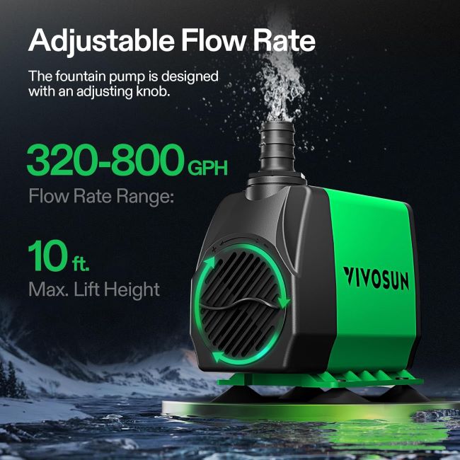 VIVOSUN 800GPH Submersible Water Pump – ultra-quiet fountain pump with 3 nozzles and high lift for aquariums, ponds, and hydroponics systems.
