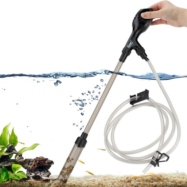 hygger Small Manual Aquarium Gravel Vacuum – compact siphon cleaner with suction ball and adjustable tube for low water level fish tanks.