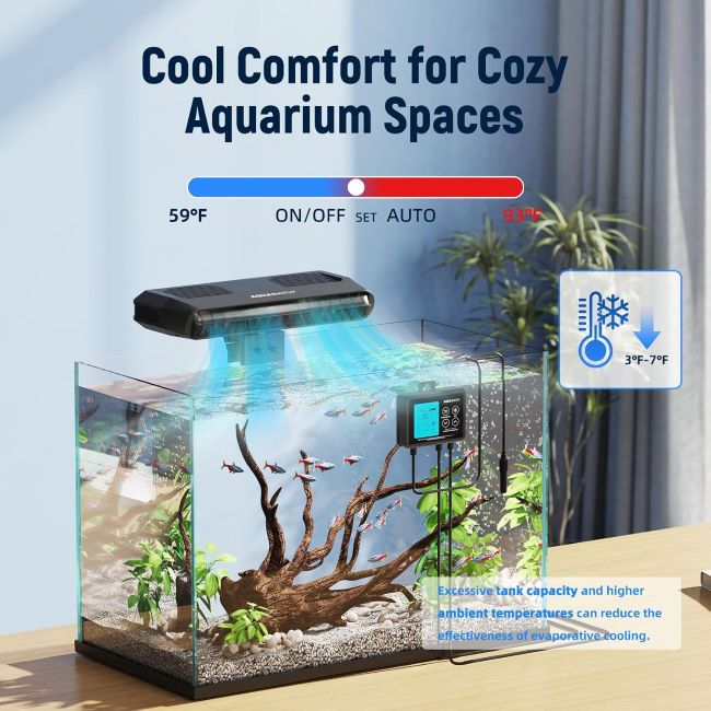 AQUASMITH aquarium chiller fan installed on fish tank with temperature control for cooling axolotl and coral tank