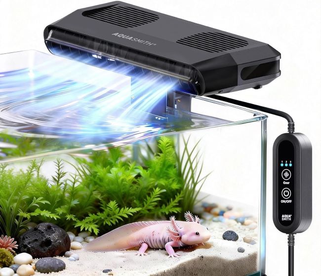 Ultra-quiet aquarium cooling fan mounted on tank providing adjustable airflow for stable water temperature