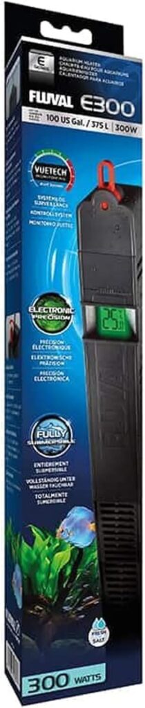 Fluval E 300W electronic aquarium heater with precise digital temperature control in a home aquarium