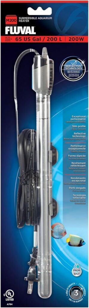 Fluval M 200W compact aquarium heater with sleek design and consistent heating performance in tank