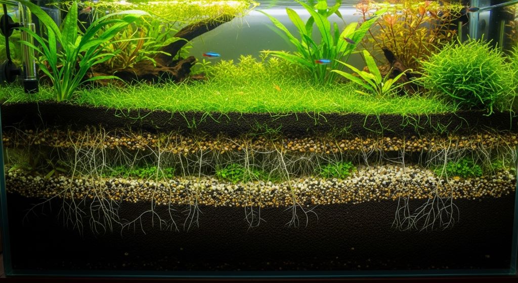 Lush aquarium plants growing in a layered gravel substrate with visible root system reaching the nutrient-rich base layer