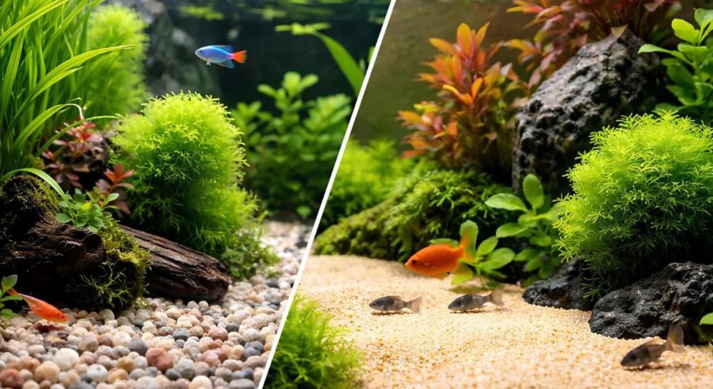 Fish swimming in a tank with decorative gravel substrate for natural look