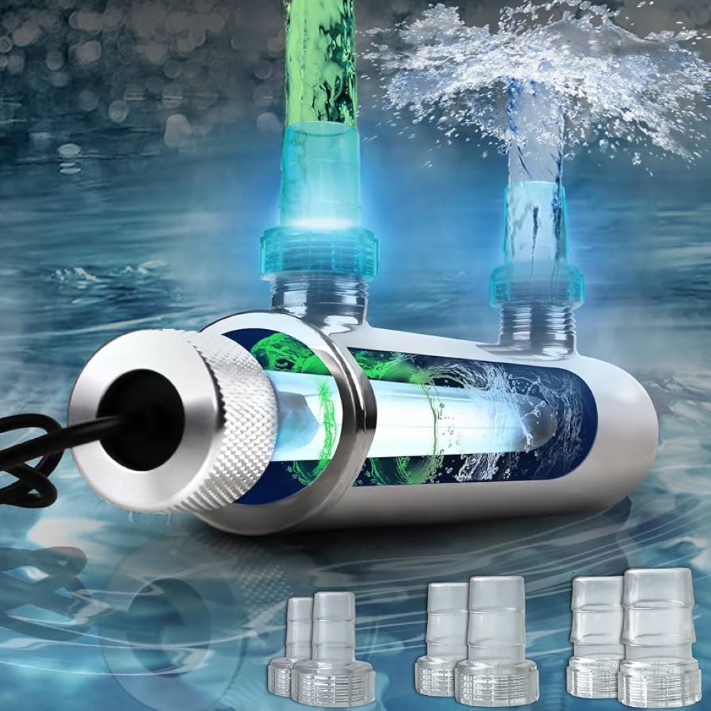 Clean freshwater aquarium with UV sterilizer helping maintain clear water quality