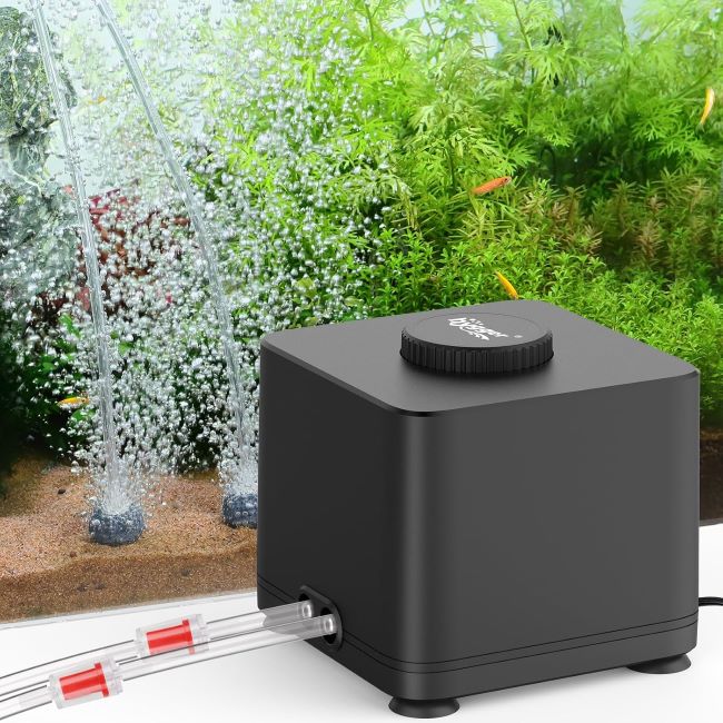 Hygger adjustable aquarium air pump with dual outlets and air stones producing oxygen bubbles in fish tank