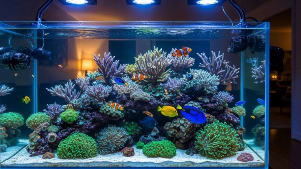 Marine aquarium setup with skimmer improving water clarity and fish health