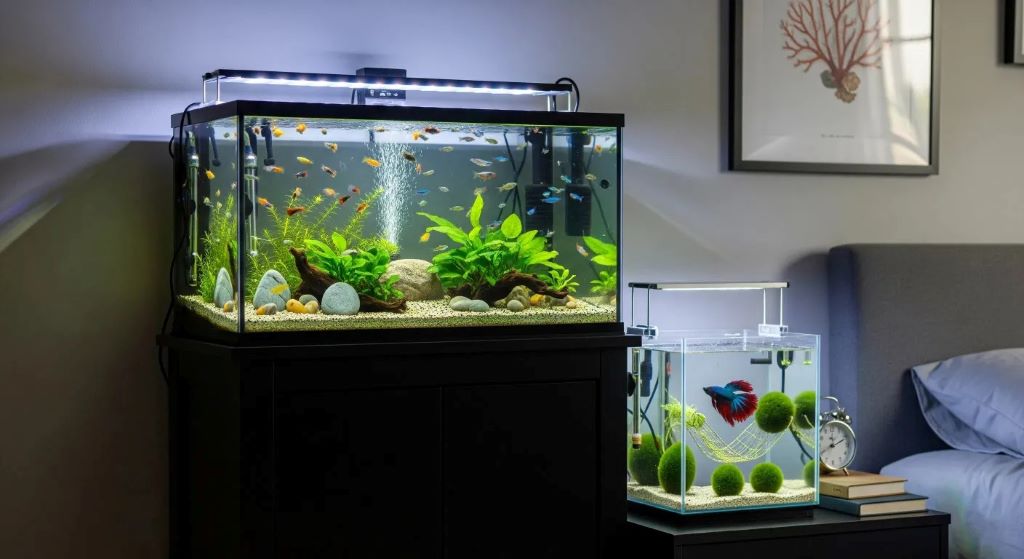 Close-up of a strong aquarium stand supporting a large reef fish tank safely