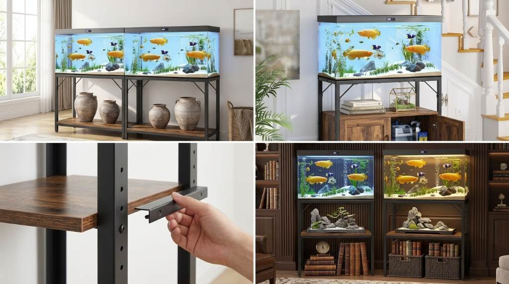 Mahancris fish tank stand with storage shelf and aquarium equipment