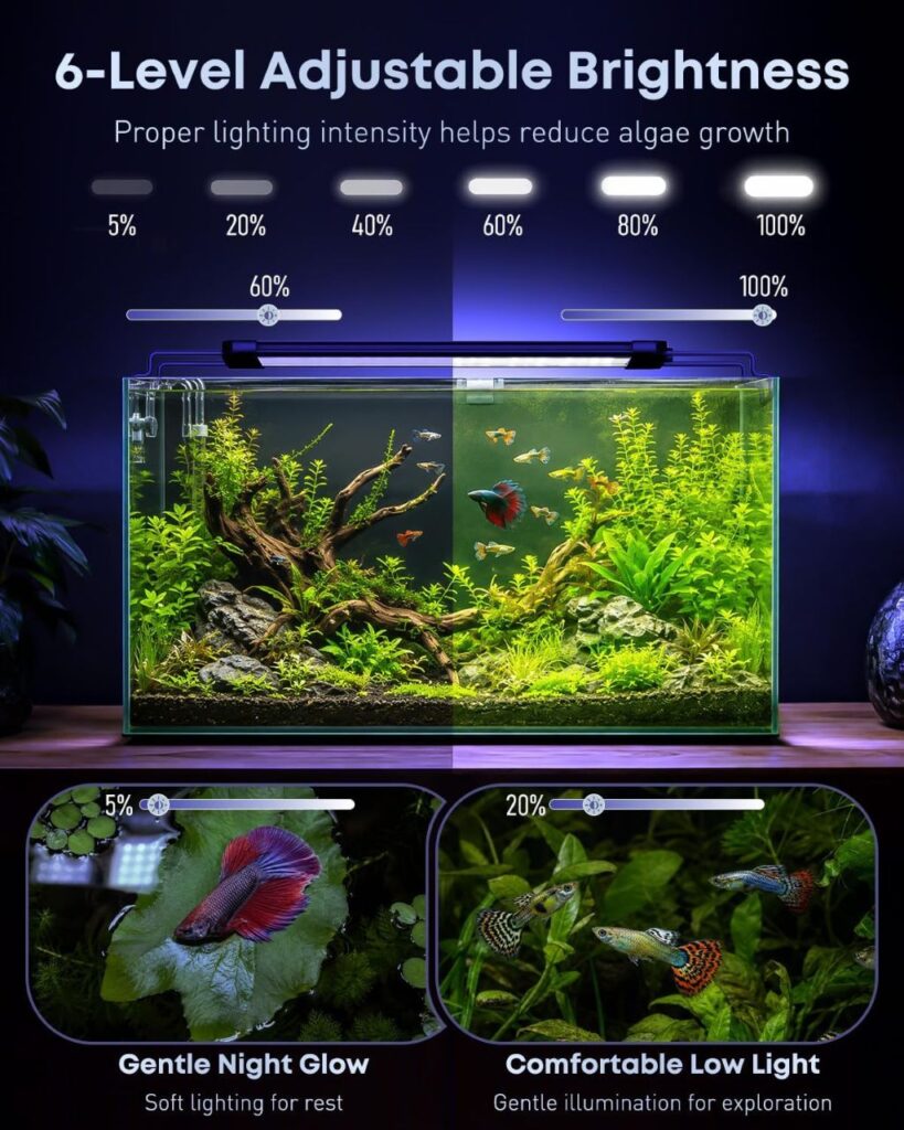 Pawfly aquarium LED light with full-spectrum white, blue, green, and red lighting for planted tanks